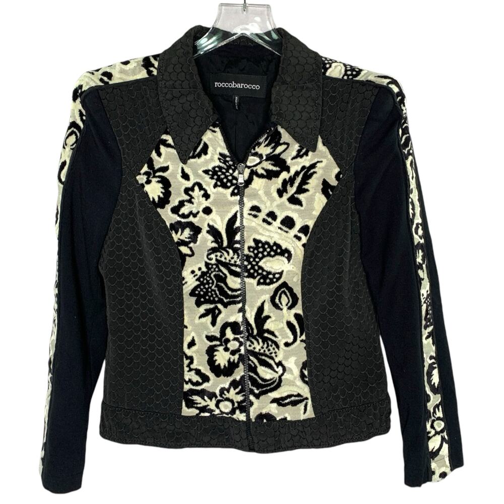 Rocco Barocco 8 Black Cream Embroidered Floral Zip Jacket Textured Tapestry 90s